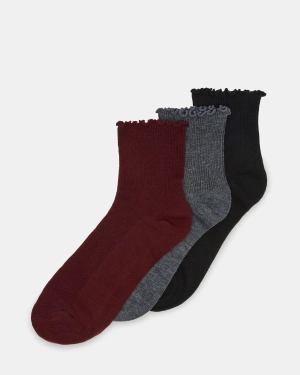 3 PACK LETTUCE EDGE ANKLET SOCKS BURGUNDY