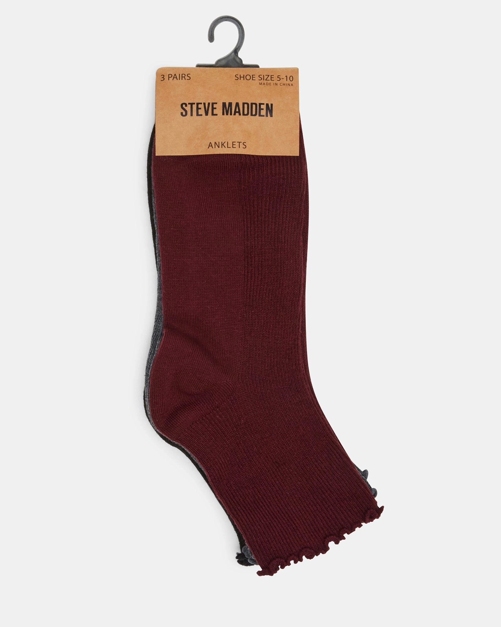 3 PACK LETTUCE EDGE ANKLET SOCKS BURGUNDY