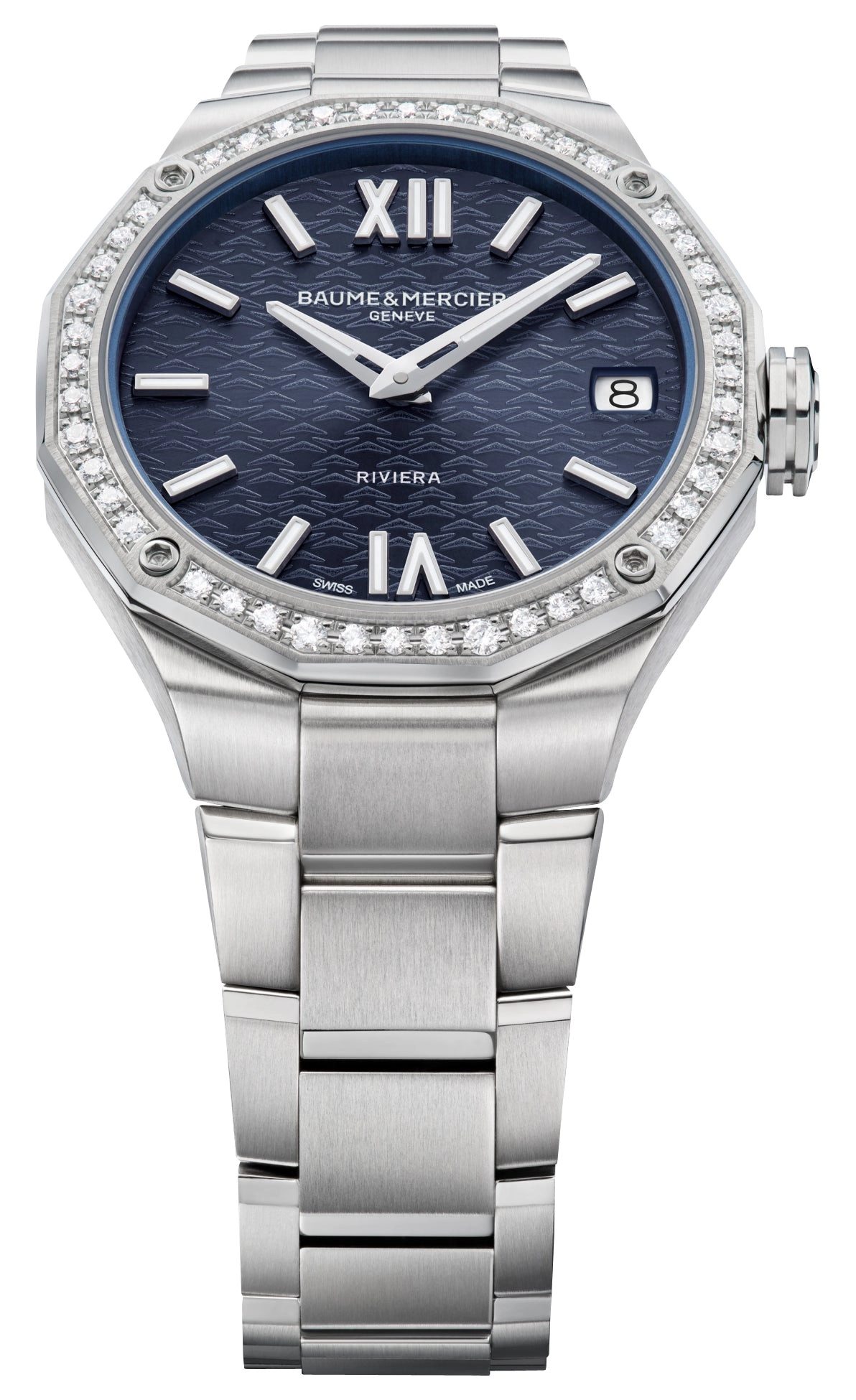 Baume & Mercier Riviera Stainless Steel Blue Dial Diamonds Date Quartz Womens Watch M0A10765