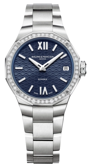 Baume & Mercier Riviera Stainless Steel Blue Dial Diamonds Date Quartz Womens Watch M0A10765