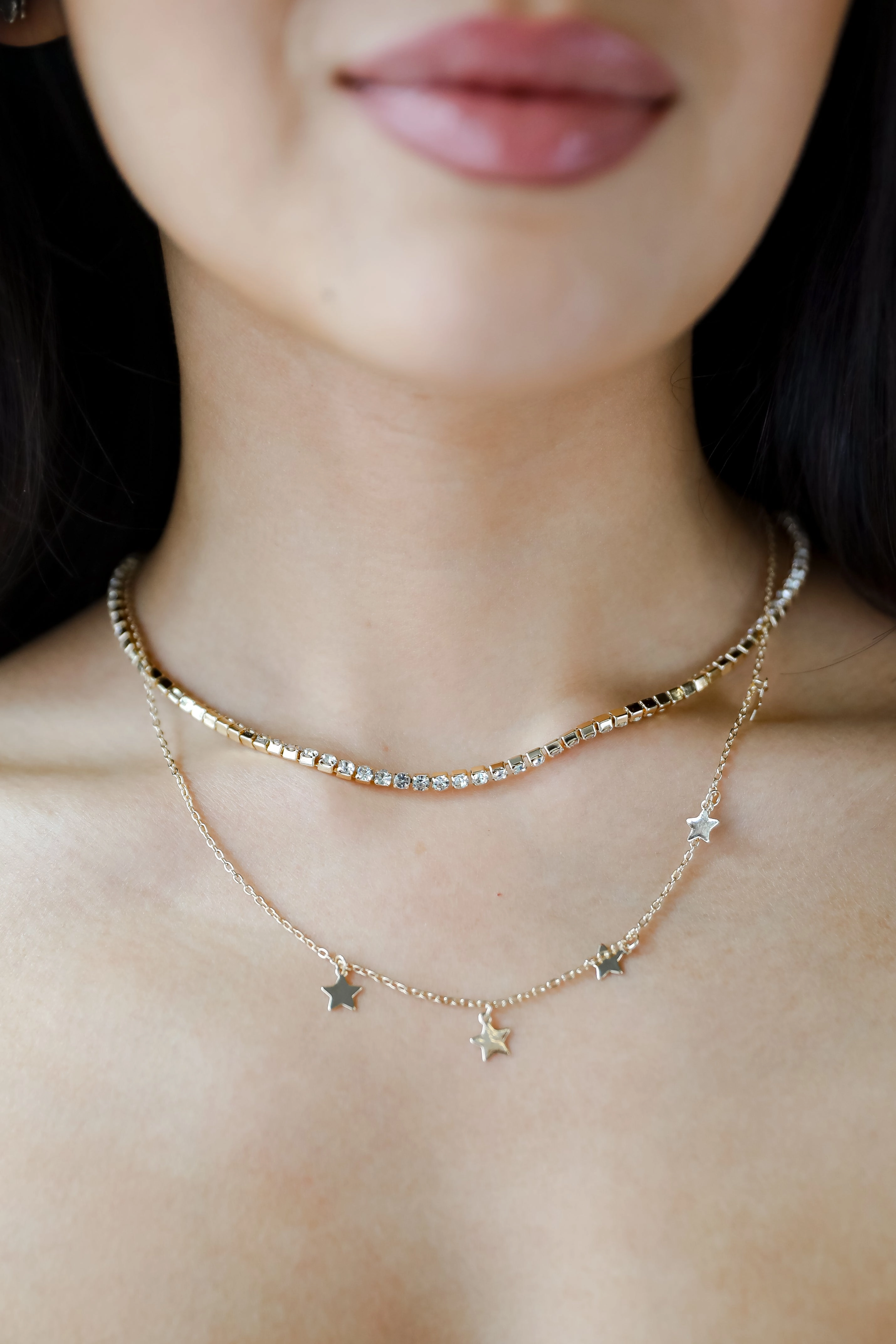 Bri Gold Rhinestone Star Charm Layered Necklace