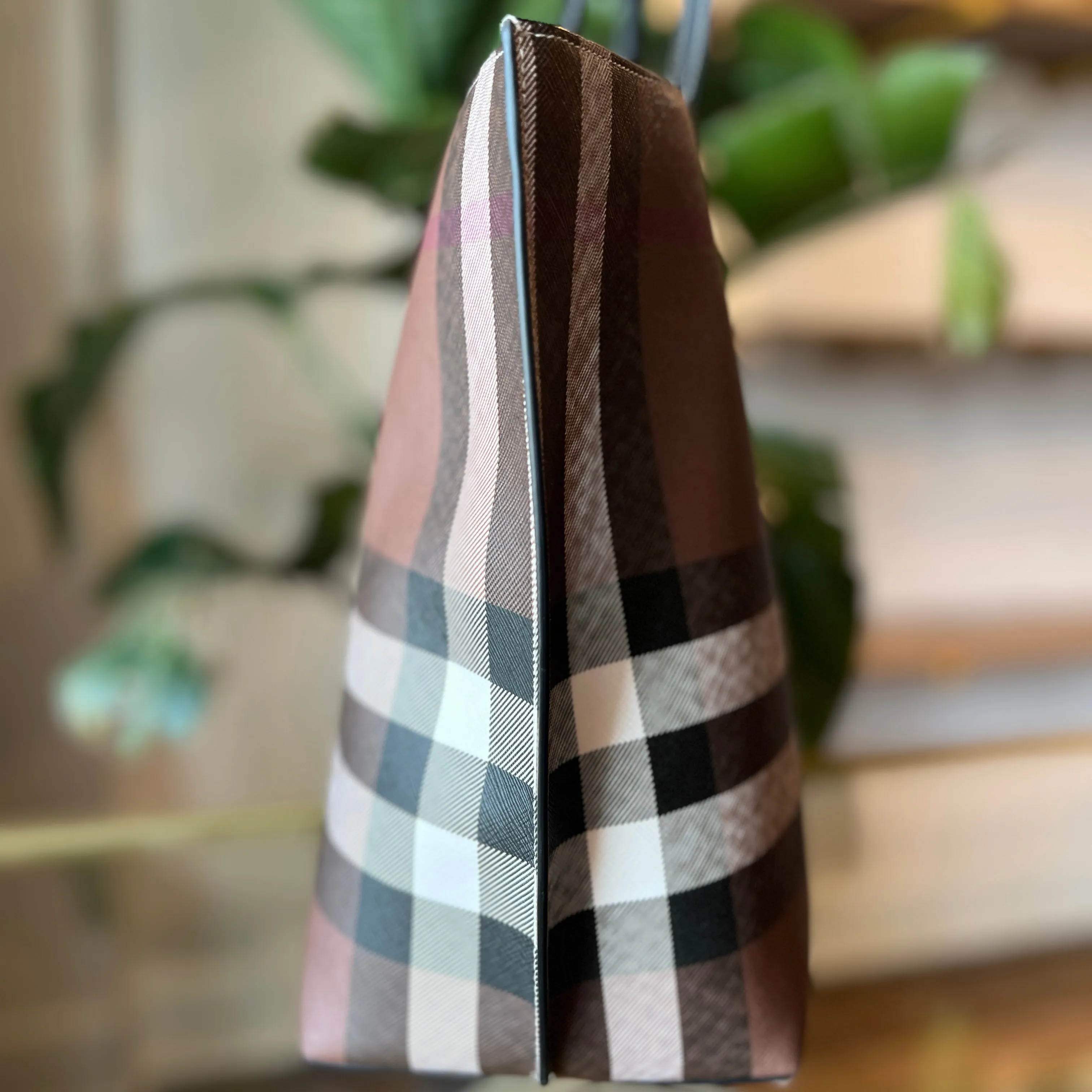 BURBERRY Birch Brown Calf Leather Check E-Canvas Tote Bag