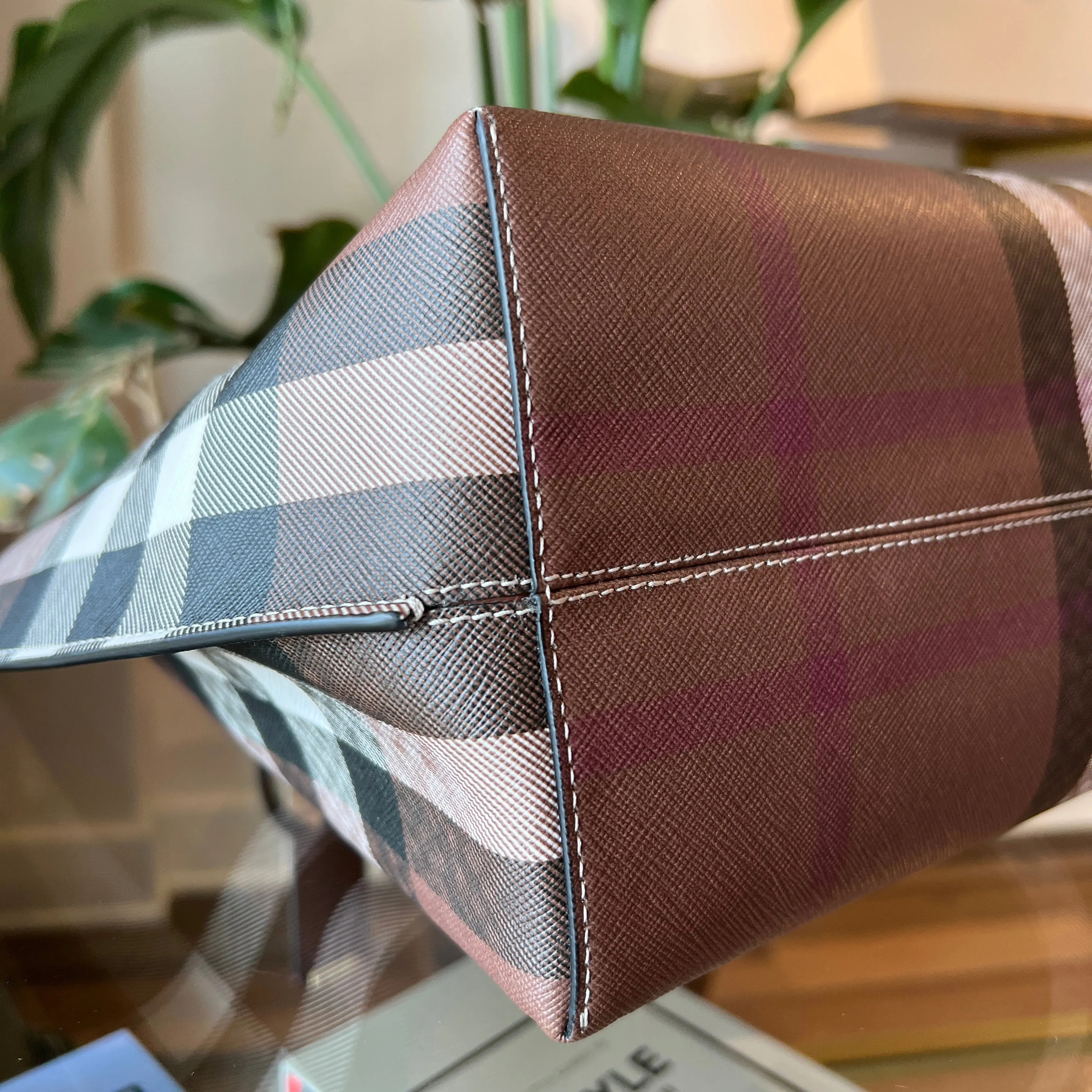 BURBERRY Birch Brown Calf Leather Check E-Canvas Tote Bag