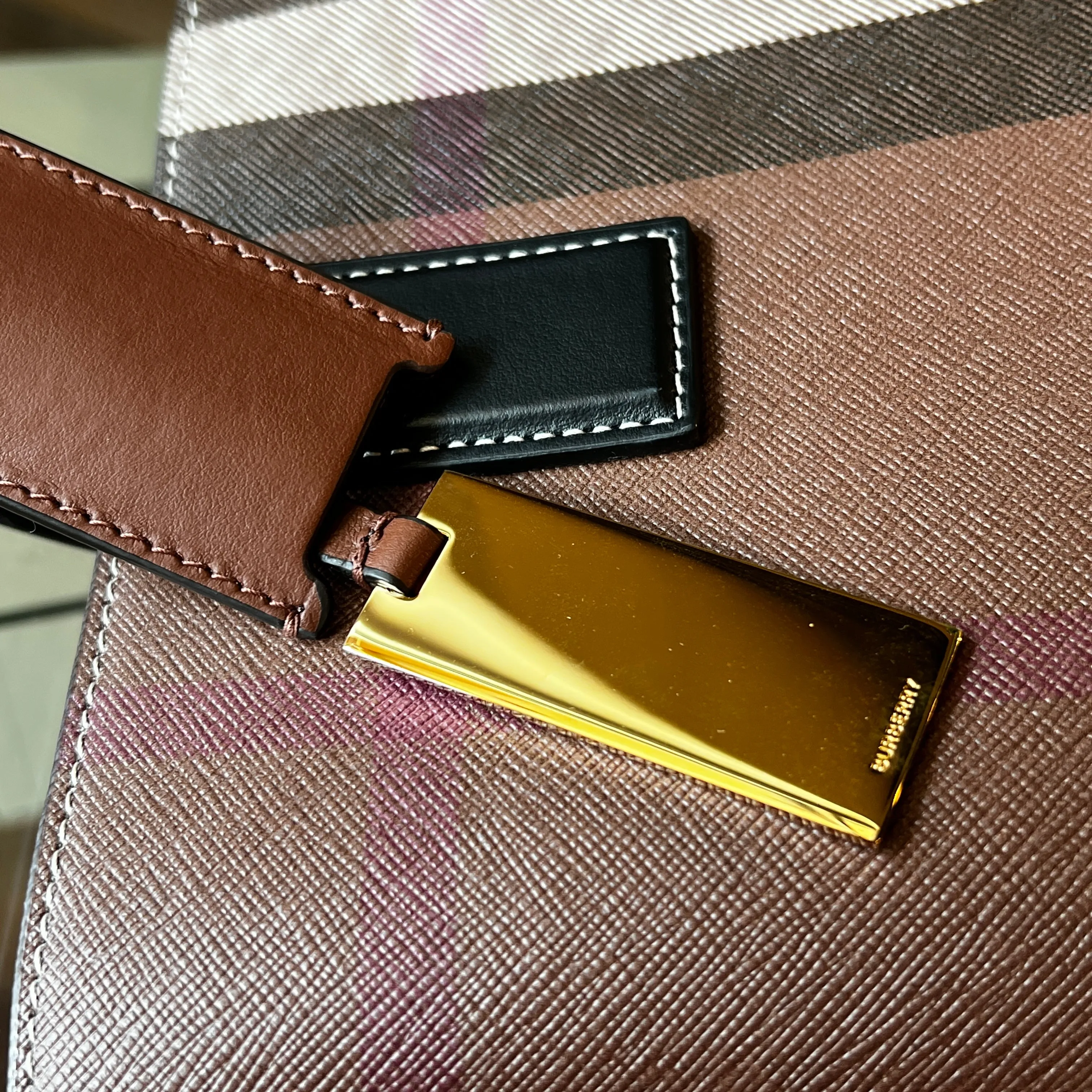 BURBERRY Birch Brown Calf Leather Check E-Canvas Tote Bag