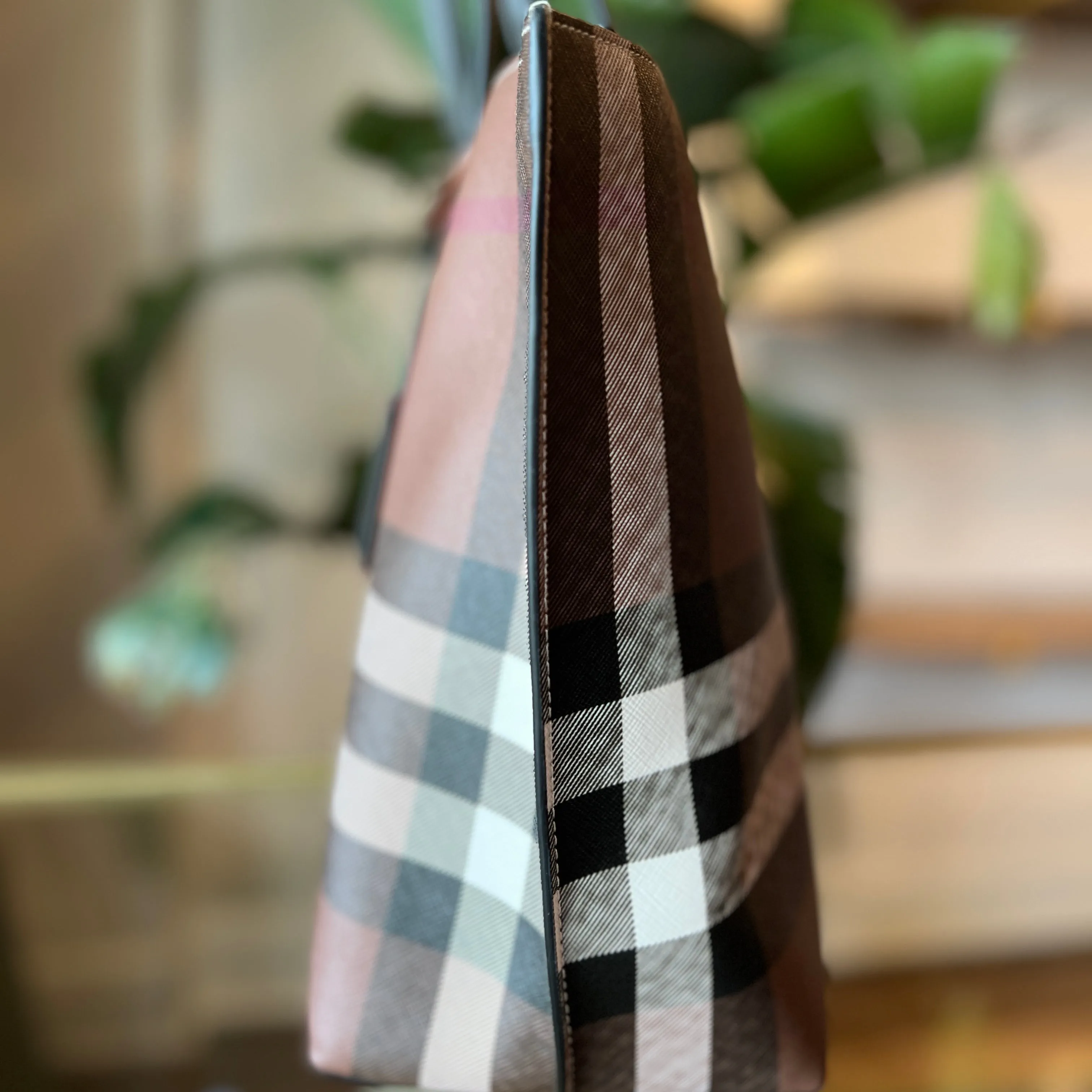 BURBERRY Birch Brown Calf Leather Check E-Canvas Tote Bag