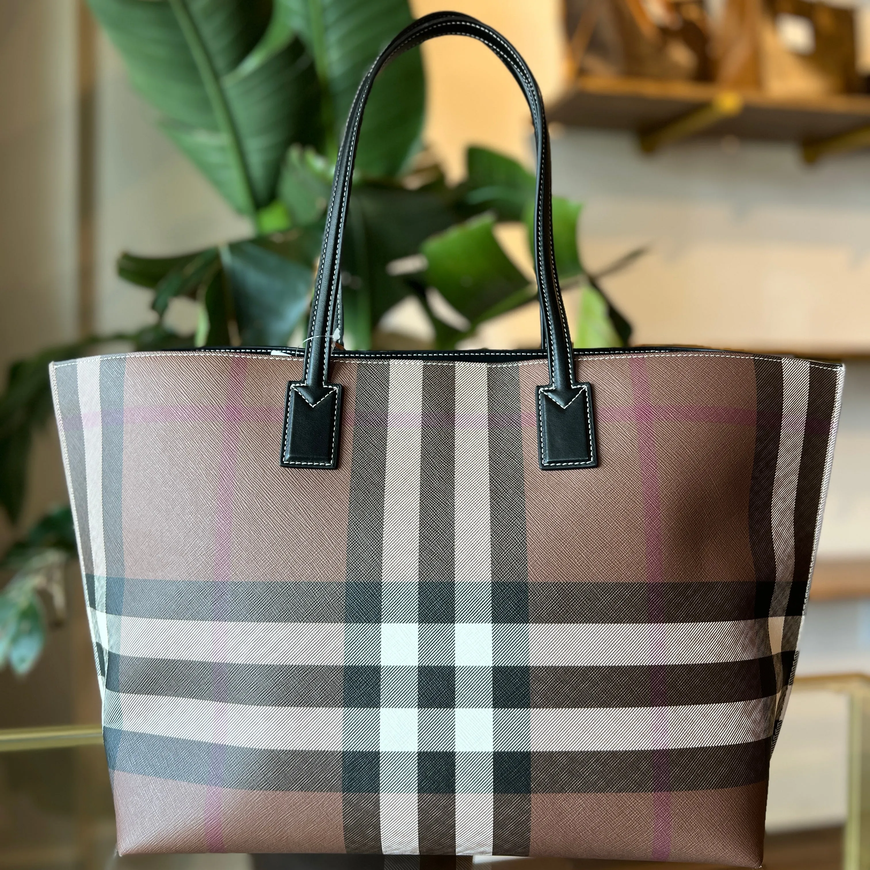 BURBERRY Birch Brown Calf Leather Check E-Canvas Tote Bag
