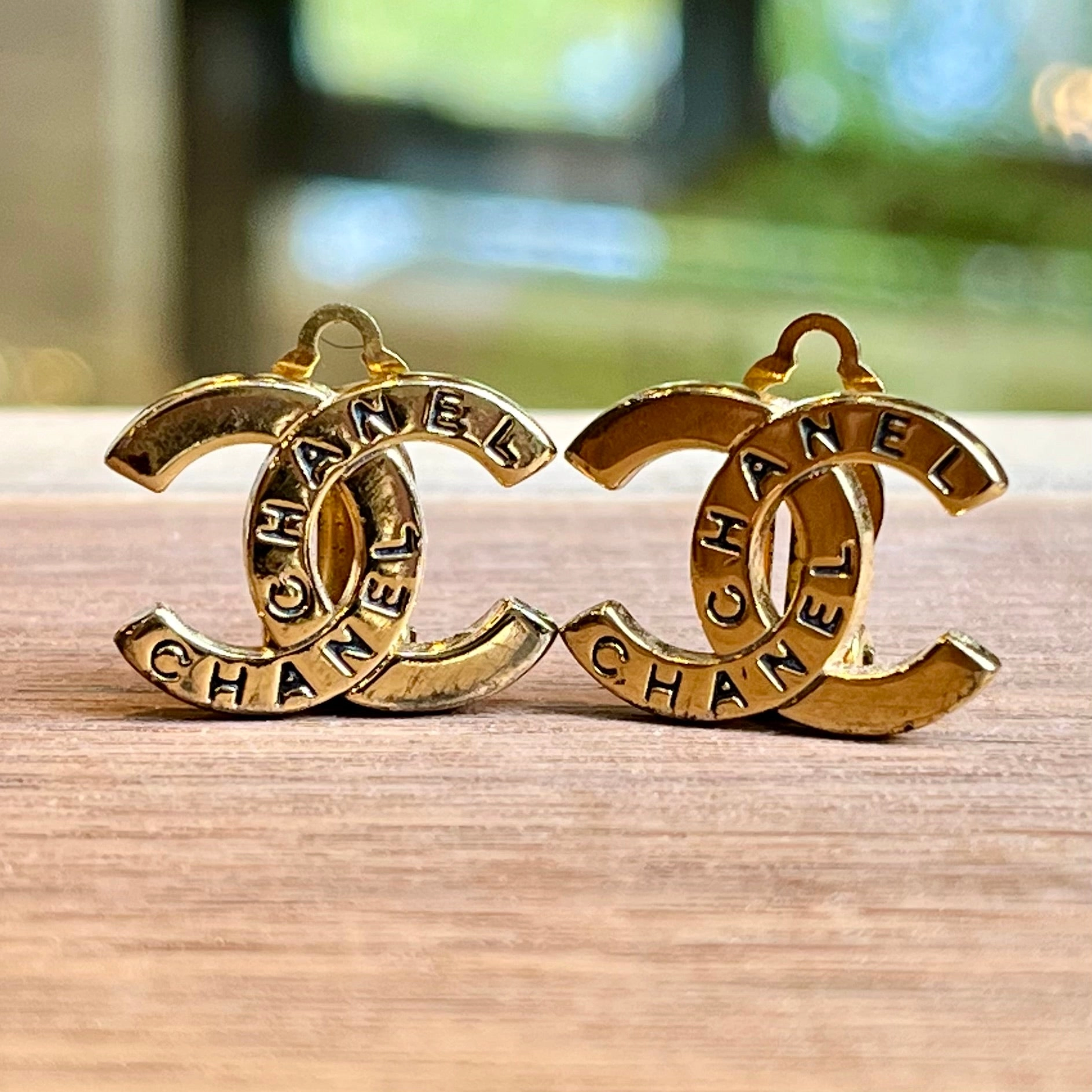 CHANEL Gold-Tone CC Chanel Engraved Vintage Clip On Earrings
