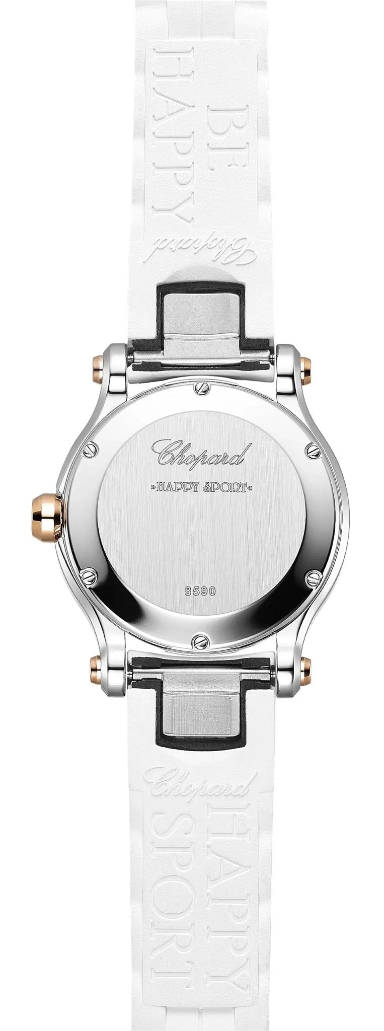 Chopard Happy Sport 18K Rose Gold & Stainless Steel White Dial White Rubber Interchangeable Black Rubber Strap Diamonds Quartz Womens Watch 278590-6001