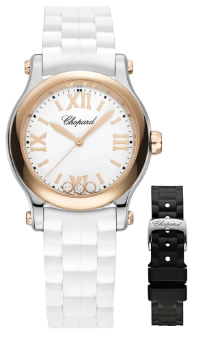 Chopard Happy Sport 18K Rose Gold & Stainless Steel White Dial White Rubber Interchangeable Black Rubber Strap Diamonds Quartz Womens Watch 278590-6001