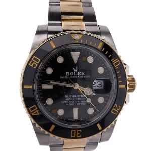 Estate Rolex Stainless Steel and 18 Karat Yellow Gold 40mm Oyster Perpetual Date Submariner Black Dial Black Ceramic Bezel Oyster Bracelet 116613 With Card and Box C.2019