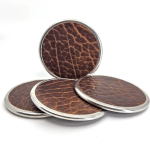 Glazed Bison Tobacco Leather & Metal Deluxe Coaster Set