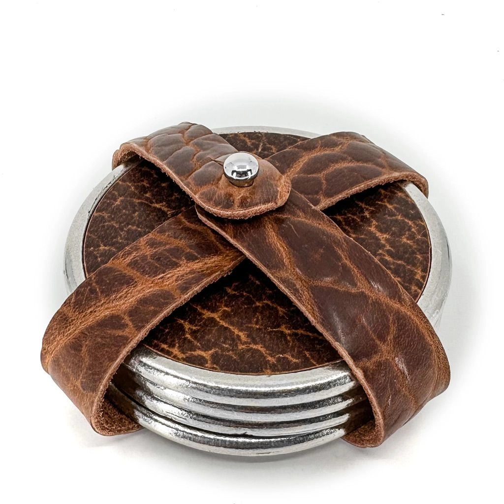 Glazed Bison Tobacco Leather & Metal Deluxe Coaster Set