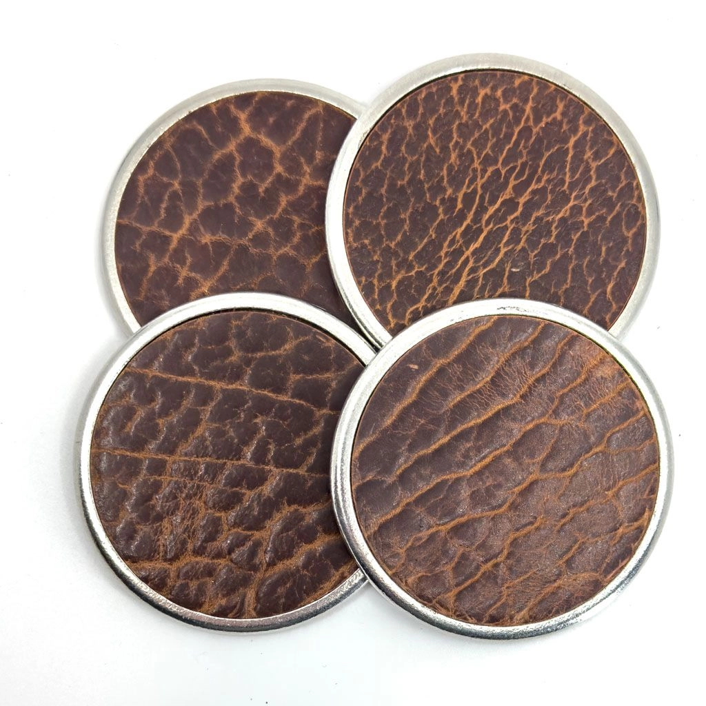 Glazed Bison Tobacco Leather & Metal Deluxe Coaster Set