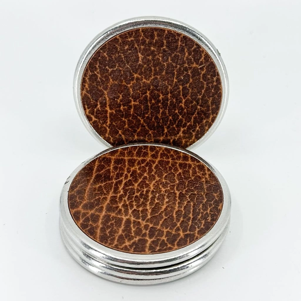 Glazed Bison Tobacco Leather & Metal Deluxe Coaster Set