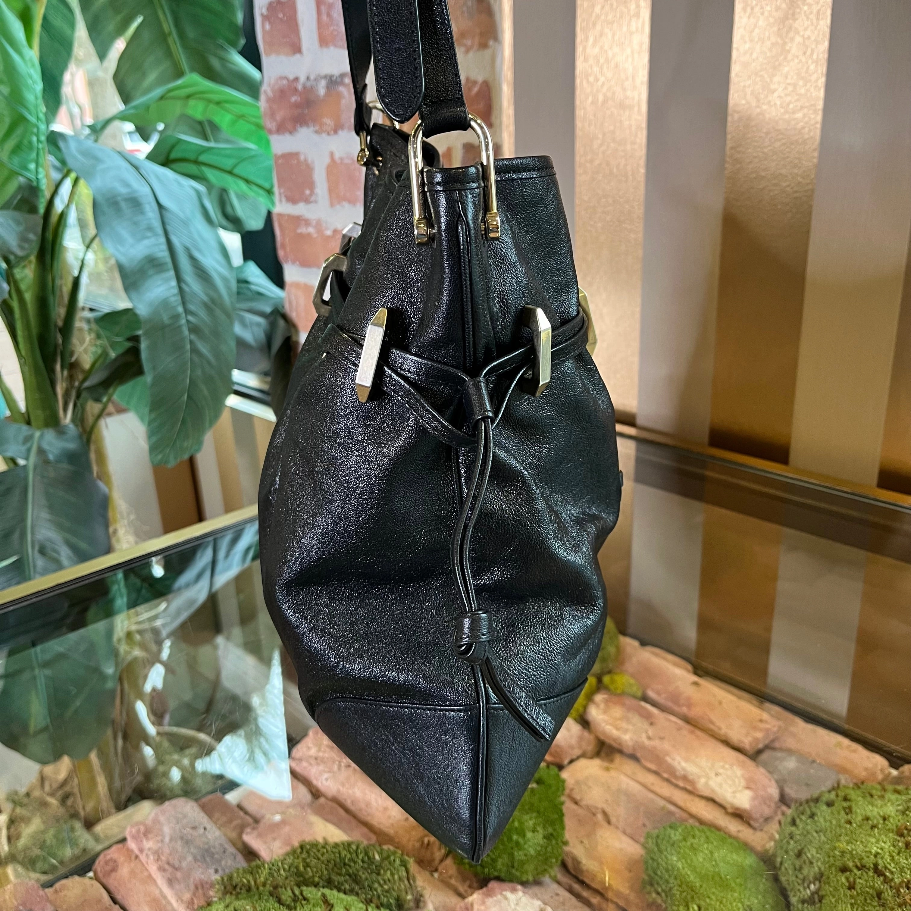 GUCCI 1955 Horse Bit Drawstring Black Morsetto Leather Crossbody