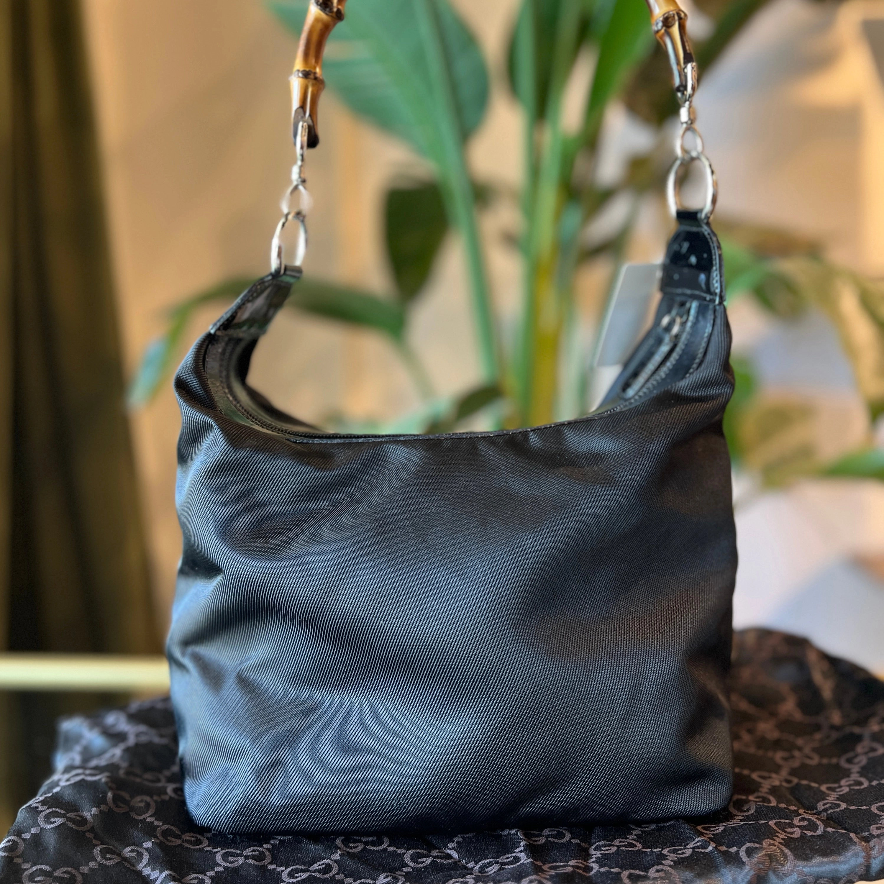 GUCCI bamboo Nylon Canvas and Leather Handbag