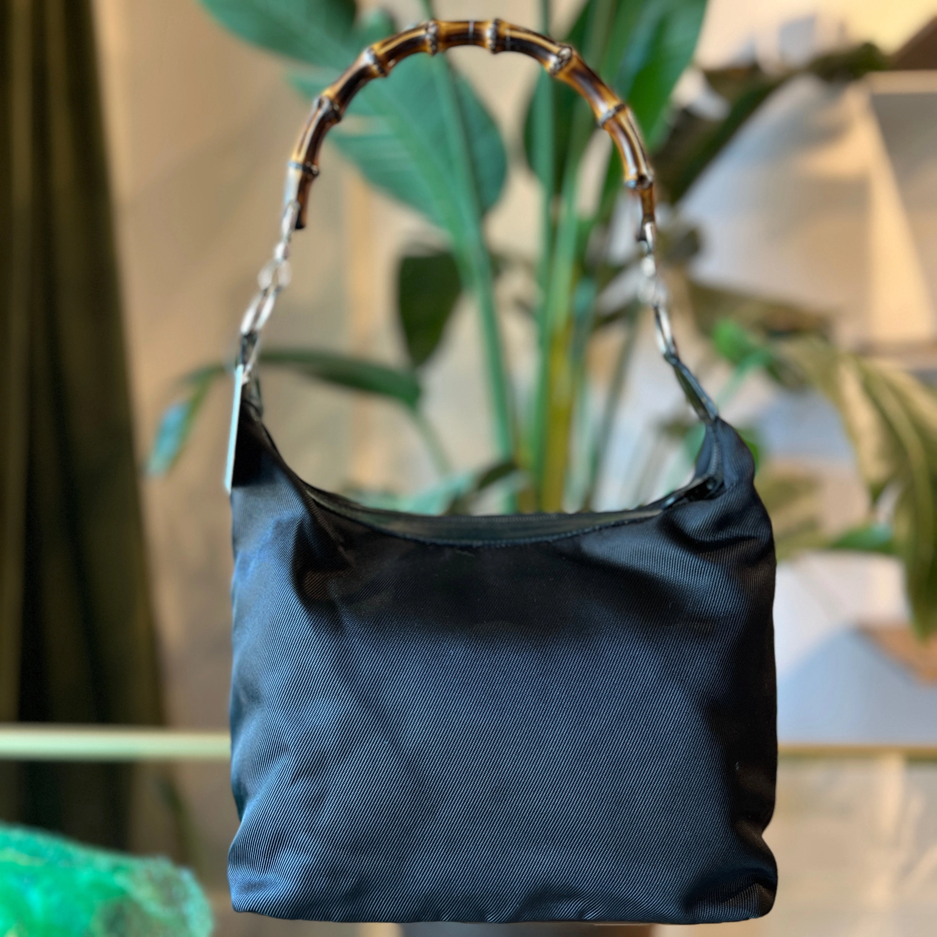 GUCCI bamboo Nylon Canvas and Leather Handbag