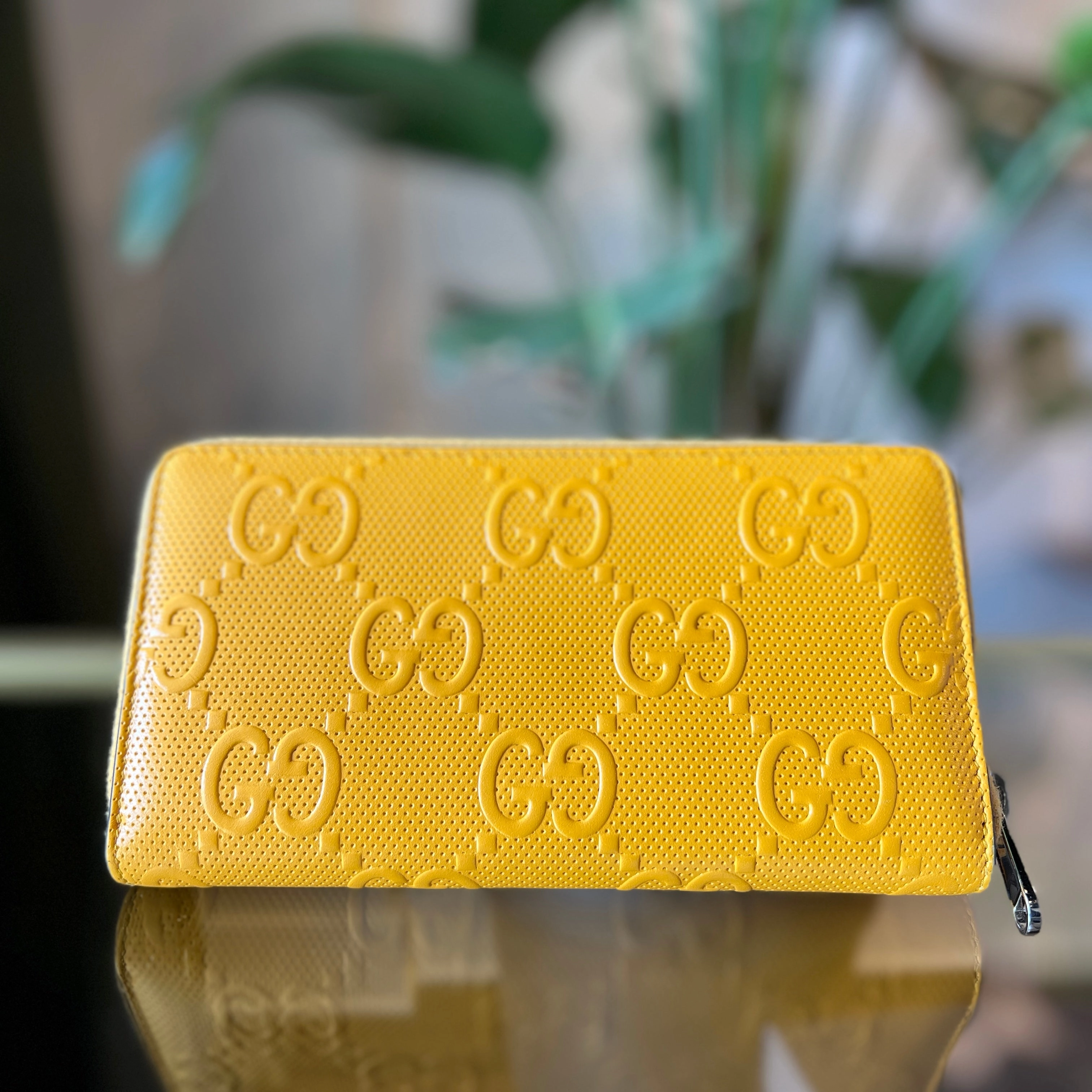 GUCCI GG Yellow Embossed Leather Zip Around Wallet