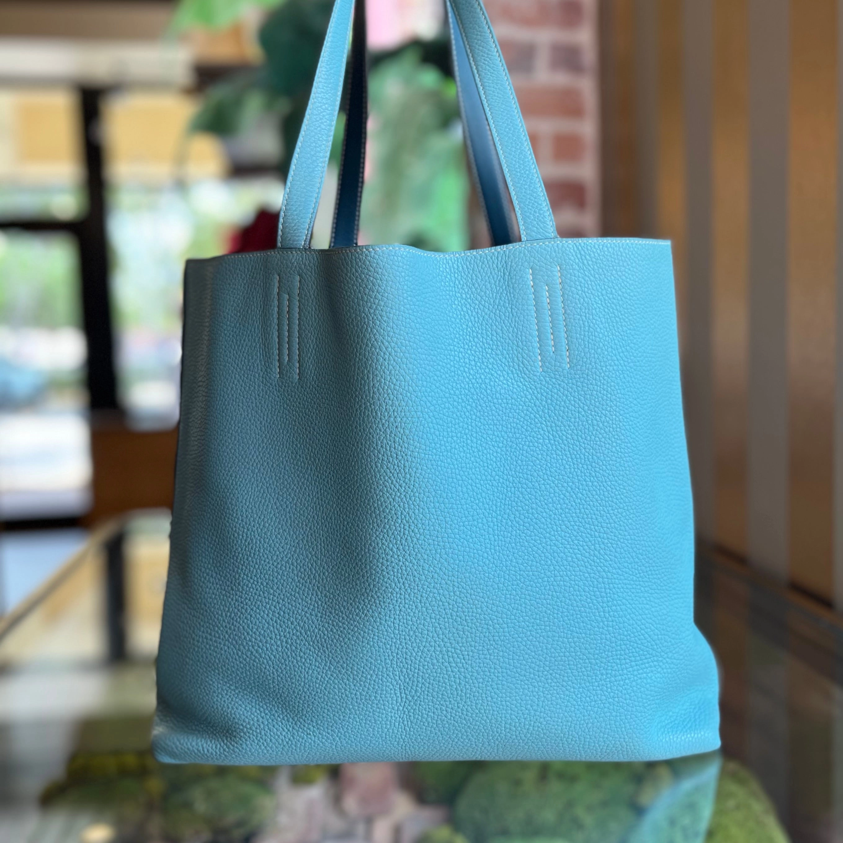 HERMES Double Sens Aqua Colvert Taurillon Clemence Swift Reversible Tote Bag