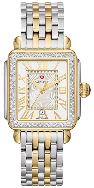 Michele Deco Madison Two-Tone Steel Diamonds Silver Dial Date Rectangle Womens Watch MWW06T000144
