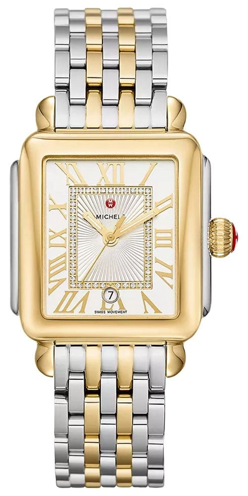Michele Deco Madison Two-Tone Steel Diamonds Silver Dial Date Rectangle Womens Watch MWW06T000147