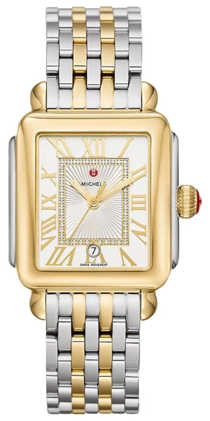 Michele Deco Madison Two-Tone Steel Diamonds Silver Dial Date Rectangle Womens Watch MWW06T000147