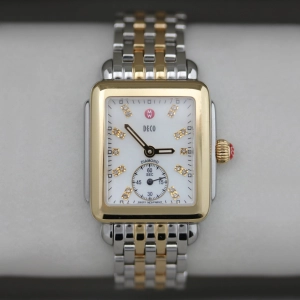 Michele Deco Mid Two-Tone Steel Diamond Mother of Pearl Dial Rectangle Womens Watch MWW06V000042
