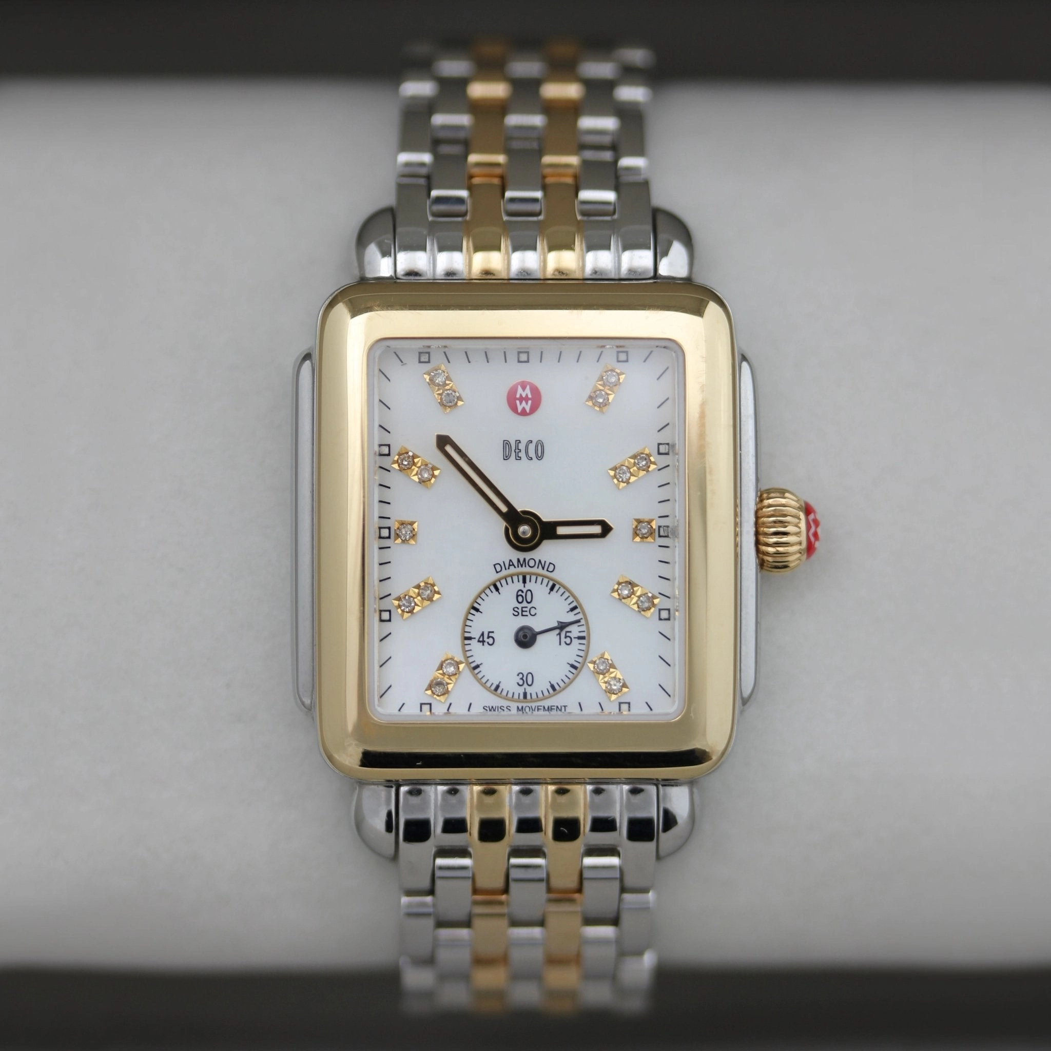 Michele Deco Mid Two-Tone Steel Diamond Mother of Pearl Dial Rectangle Womens Watch MWW06V000042