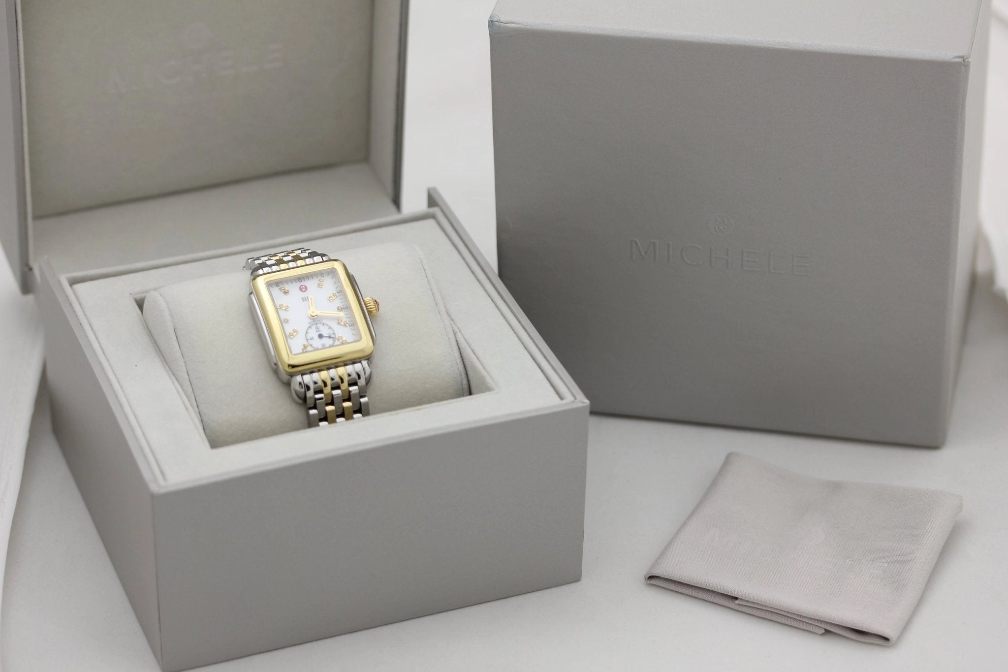 Michele Deco Mid Two-Tone Steel Diamond Mother of Pearl Dial Rectangle Womens Watch MWW06V000042