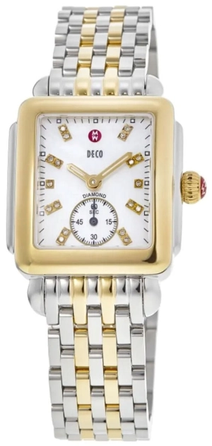 Michele Deco Mid Two-Tone Steel Diamond Mother of Pearl Dial Rectangle Womens Watch MWW06V000042