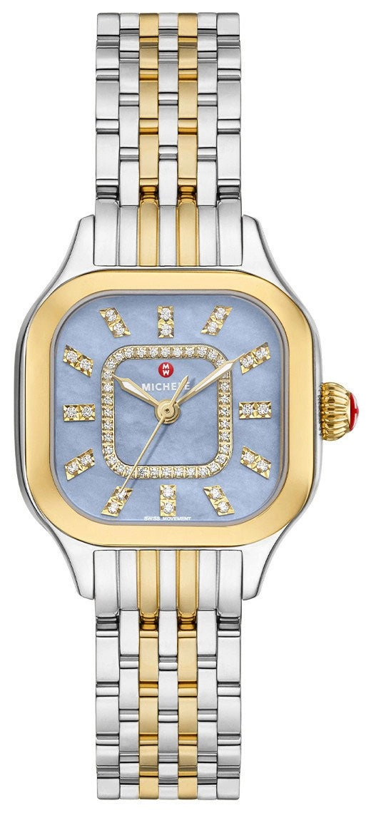 Michele Meggie Two-Tone Steel Diamonds Square Blue Dusk Mother-of-Pearl Dial Womens Watch MWW33B000015