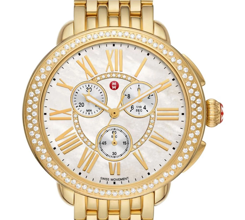 Michele Serein Chronograph Diamonds Mother-of-Pearl Dial 18K Gold-Plated Steel Womens Watch MWW21A000070