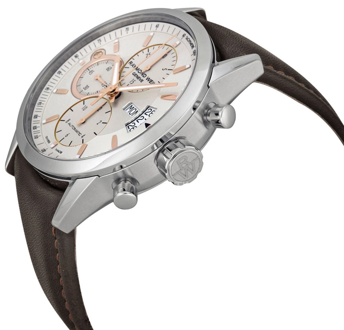 Raymond Weil Freelancer Automatic Chronograph Stainless Steel Silver Dial Brown Leather Day/Date Mens Watch 7730-STC-65025