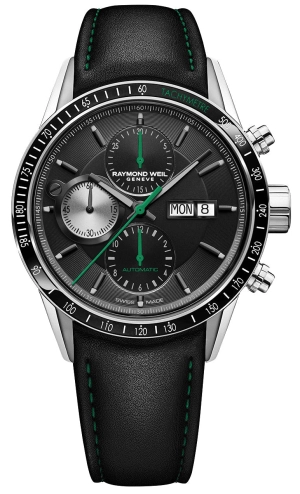 Raymond Weil Freelancer Automatic Chronograph Steel Black Dial Black Leather Day/Date Mens Watch 7731-SC1-20321