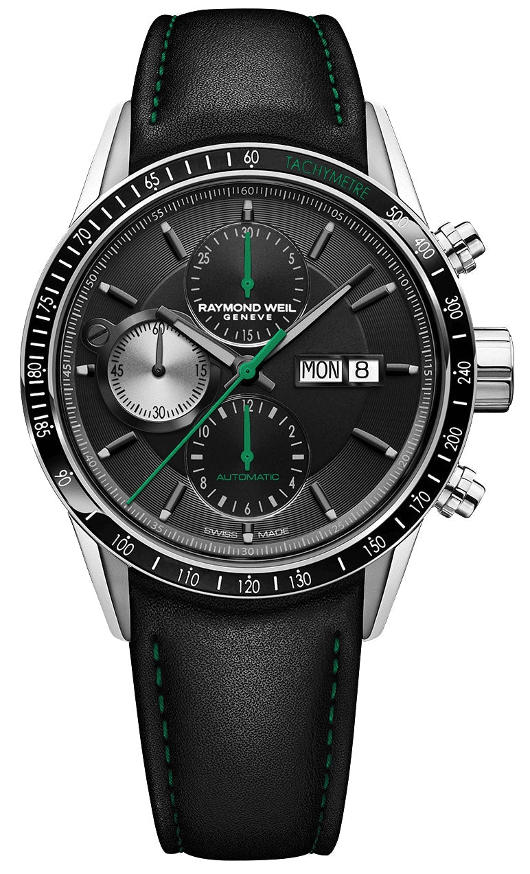 Raymond Weil Freelancer Automatic Chronograph Steel Black Dial Black Leather Day/Date Mens Watch 7731-SC1-20321