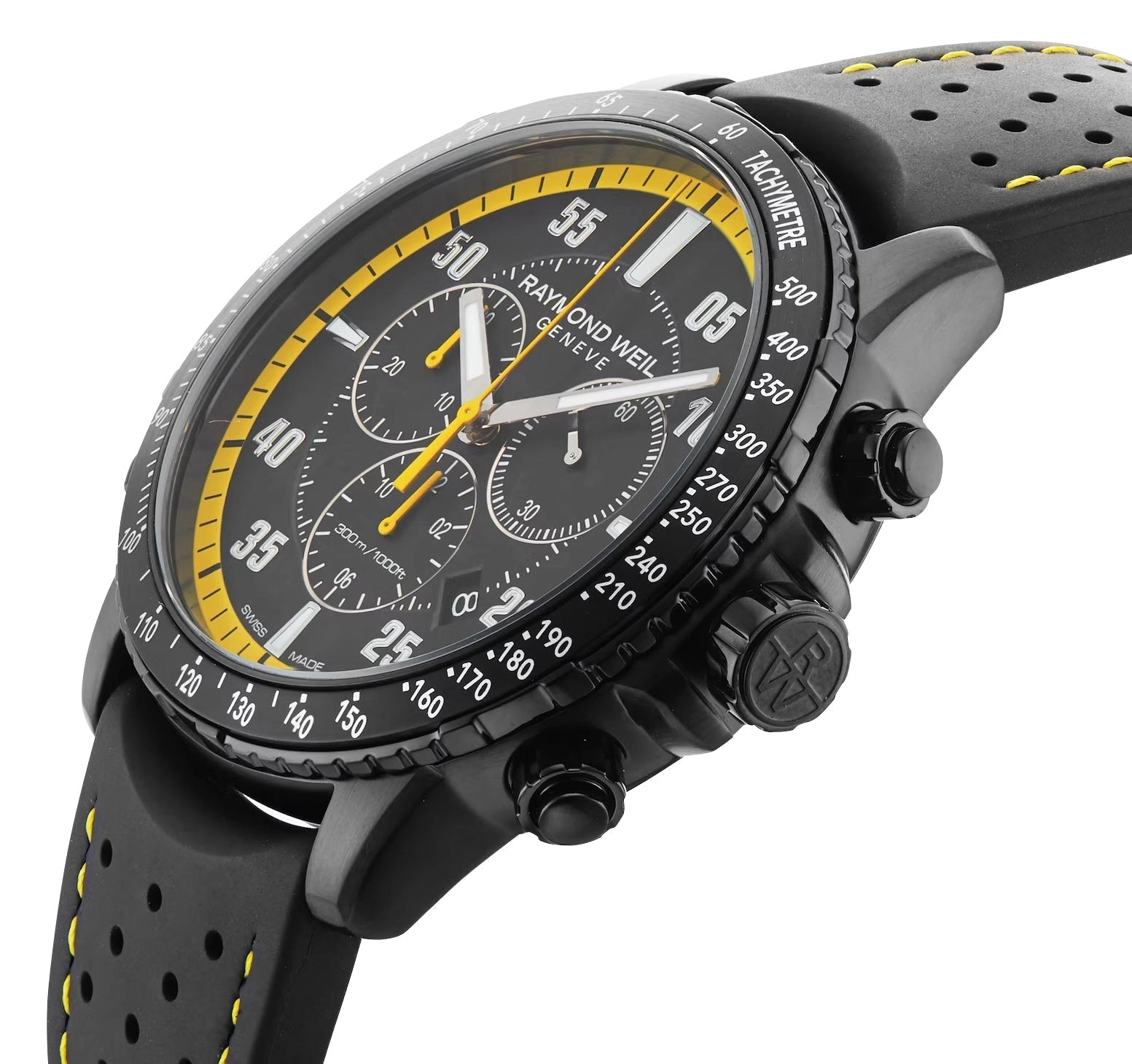 Raymond Weil Tango Chronograph Black PVD Black/Yellow Dial Black Rubber Strap Date Divers Quartz Mens Watch 8570-BKR-05275