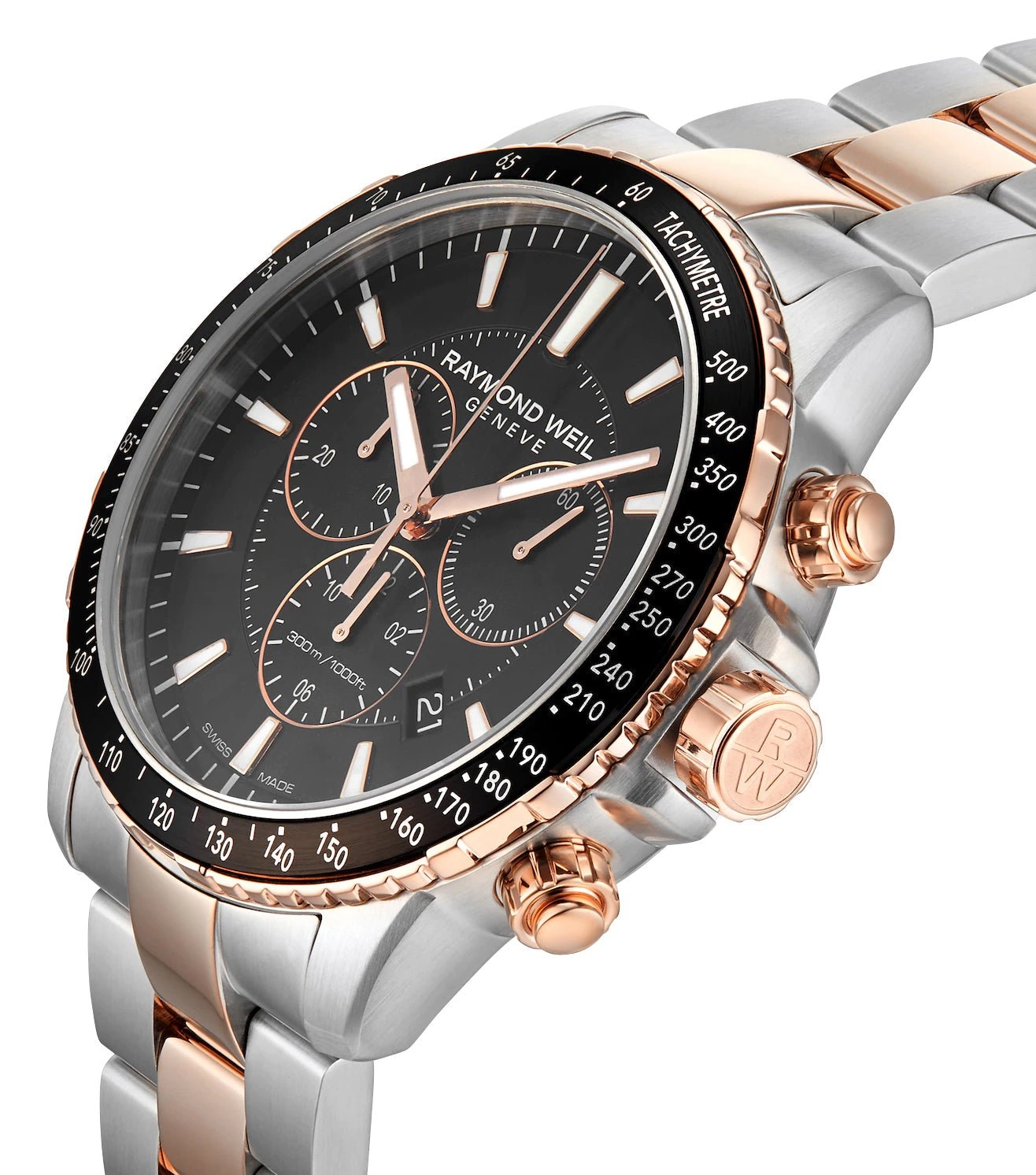 Raymond Weil Tango Chronograph Two-Tone Stainless Steel Black Dial Date Divers Quartz Mens Watch 8570-SP5-20001