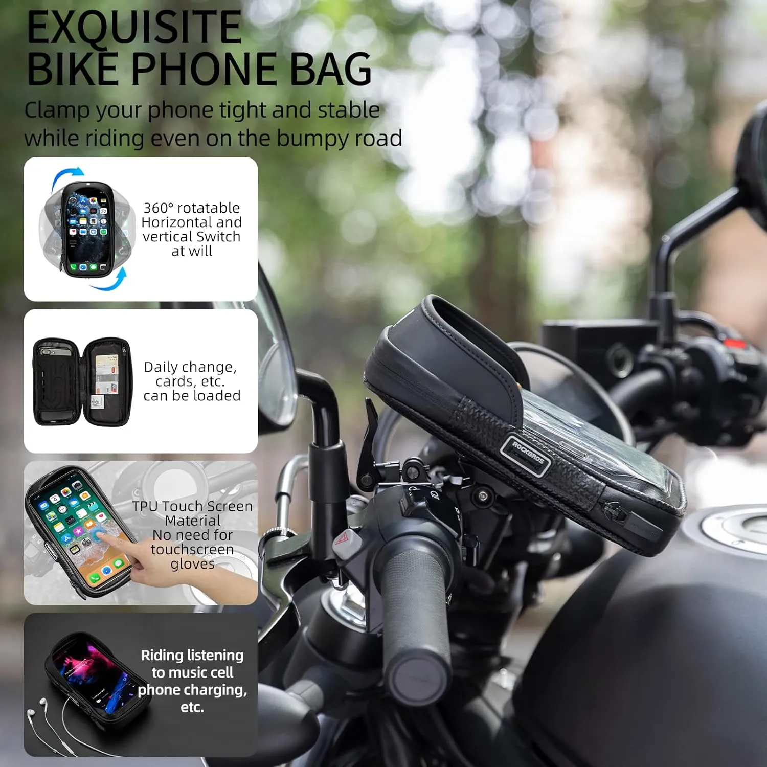 ROCKBROS Motorcycle Phone Mount Waterproof Handlebar Phone Bag