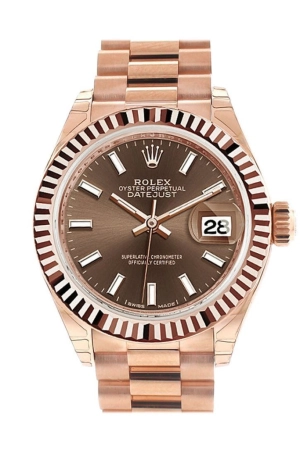 Rolex Datejust 28 Chocolate Dial Fluted Bezel Rose Gold President Ladies Watch 279175 NP