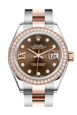 Rolex Datejust 28 Chocolate Large VI Diamonds Dial Diamond Bezel Rose Gold Two Tone Watch 279381RBR 279381