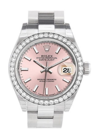 Rolex Datejust 28 Pink Dial Diamond Bezel Steel Ladies Watch 279384RBR