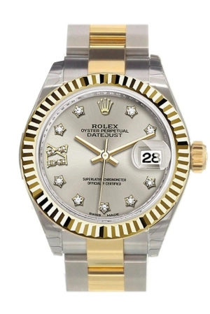 Rolex Datejust 28 Silver 9 diamonds set in star Dial Fluted Yellow Gold Two Tone Ladies Watch 279173