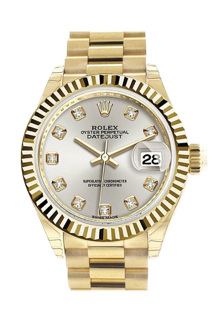 Rolex Datejust 28 Silver Diamond Dial Fluted Bezel President Ladies Watch 279178 NP