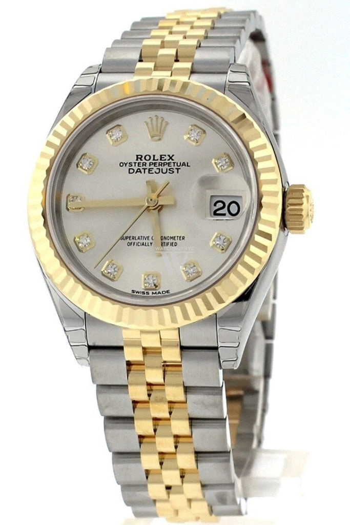 Rolex Datejust 28 Silver Diamond Dial Fluted Yellow Gold Two Tone Jubilee Ladies Watch 279173 NP