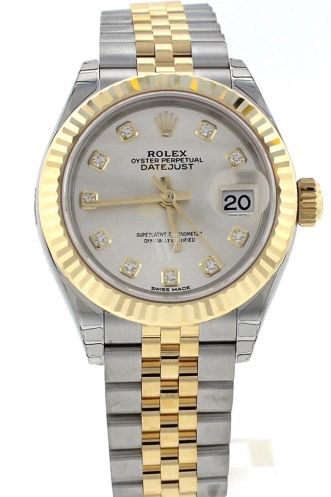 Rolex Datejust 28 Silver Diamond Dial Fluted Yellow Gold Two Tone Jubilee Ladies Watch 279173 NP