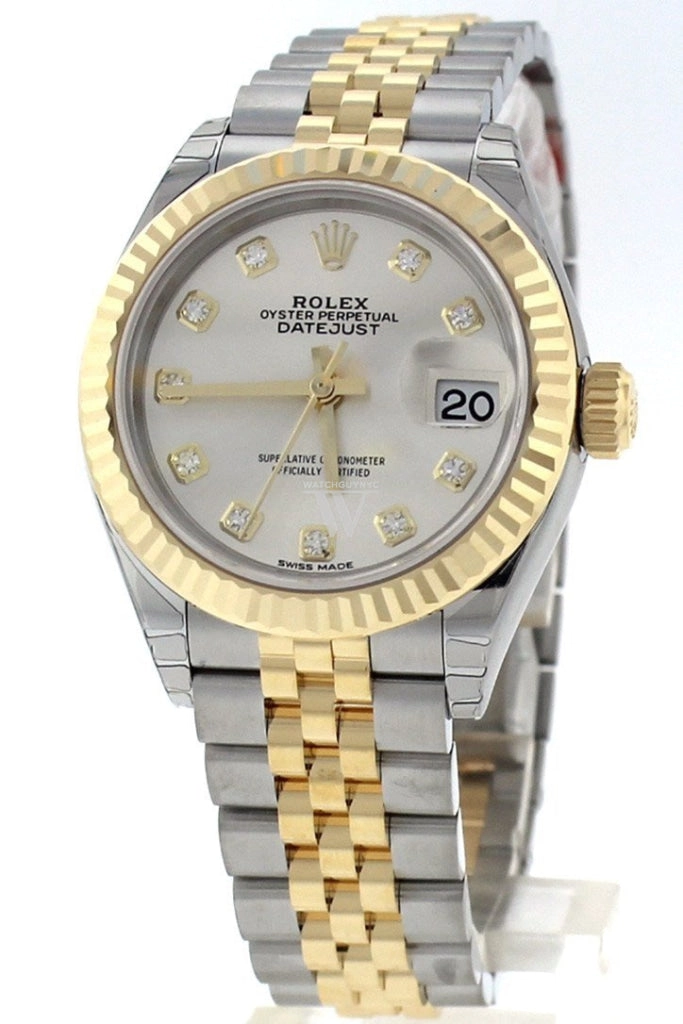 Rolex Datejust 28 Silver Diamond Dial Fluted Yellow Gold Two Tone Jubilee Ladies Watch 279173 NP