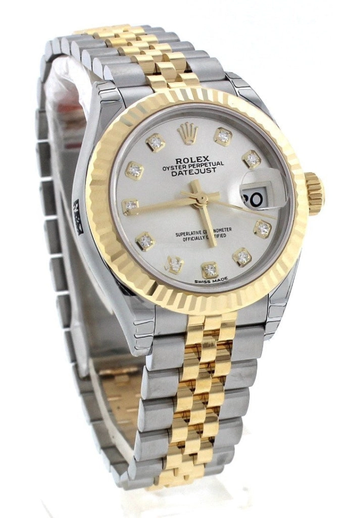 Rolex Datejust 28 Silver Diamond Dial Fluted Yellow Gold Two Tone Jubilee Ladies Watch 279173 NP