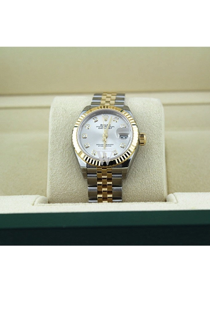 Rolex Datejust 28 Silver Diamond Dial Fluted Yellow Gold Two Tone Jubilee Ladies Watch 279173 NP