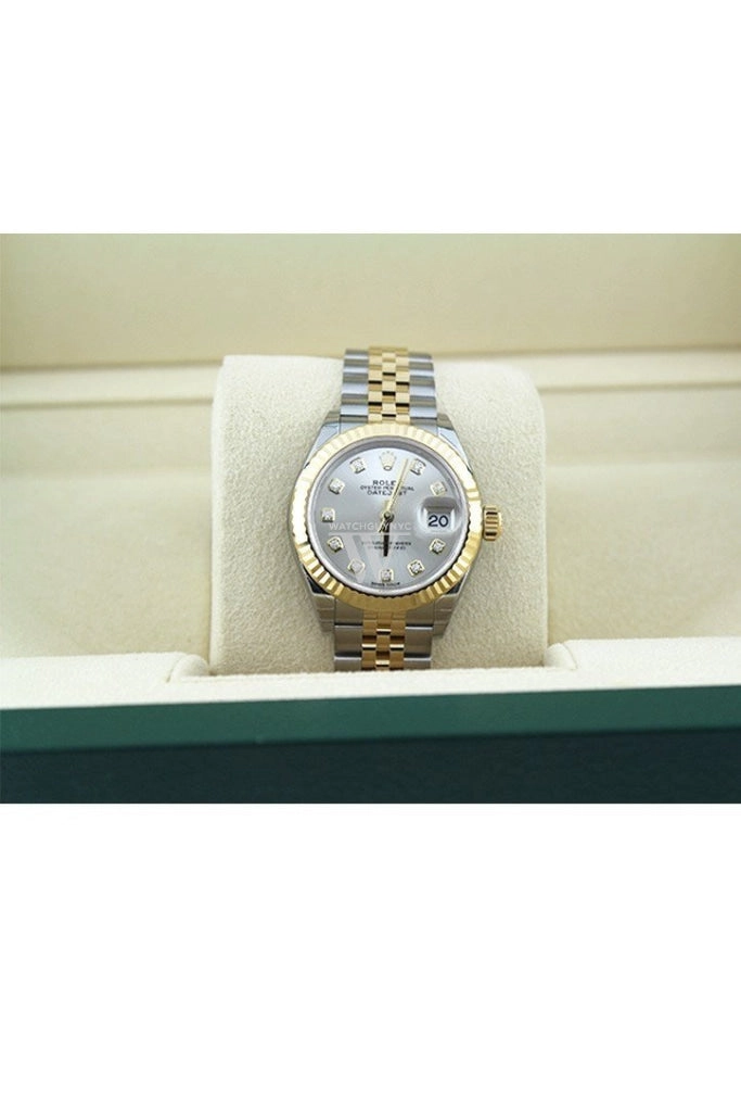 Rolex Datejust 28 Silver Diamond Dial Fluted Yellow Gold Two Tone Jubilee Ladies Watch 279173 NP