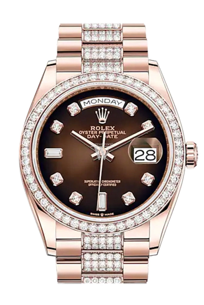 Rolex Day-Date 36 Brown ombré Diamond Dial Diamond Bezel 18K Everose Gold Diamond President Watch 128345RBR